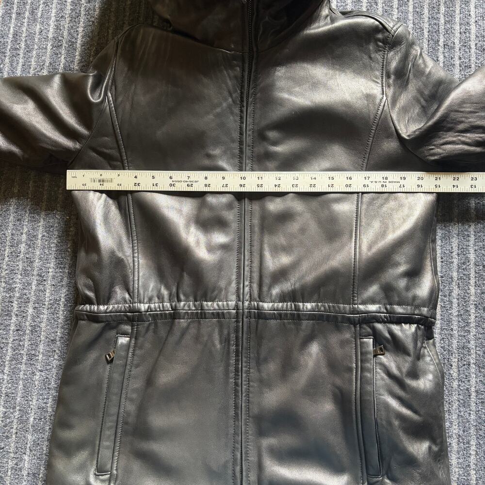 Andrew Marc Leather Coat Mid Length Fox Fur Trim Size Small - Picture 12 of 14